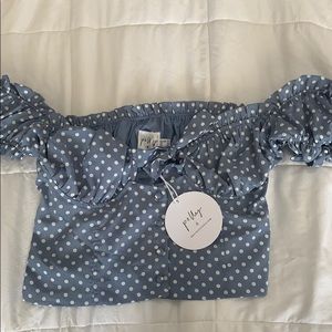 Muted blue polka dot button up top